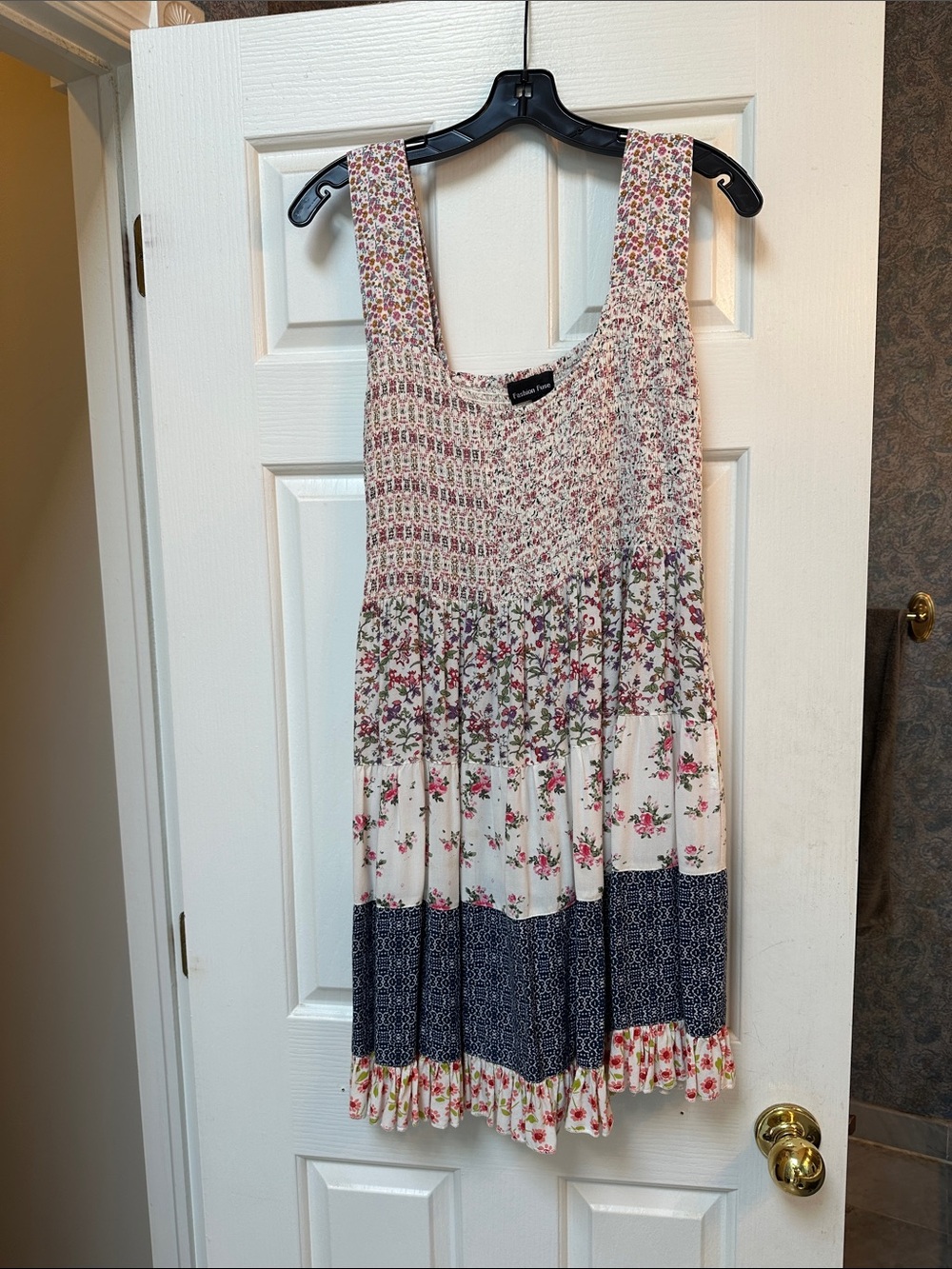 Smocked Floral Mini Dress in Cream and Navy